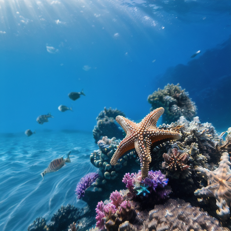 Underwater photo of a starfish <lora-underwater-000390-0.8>, 8k uhd, dslr, soft lighting, high quality, film grain, Fujifilm XT3.png